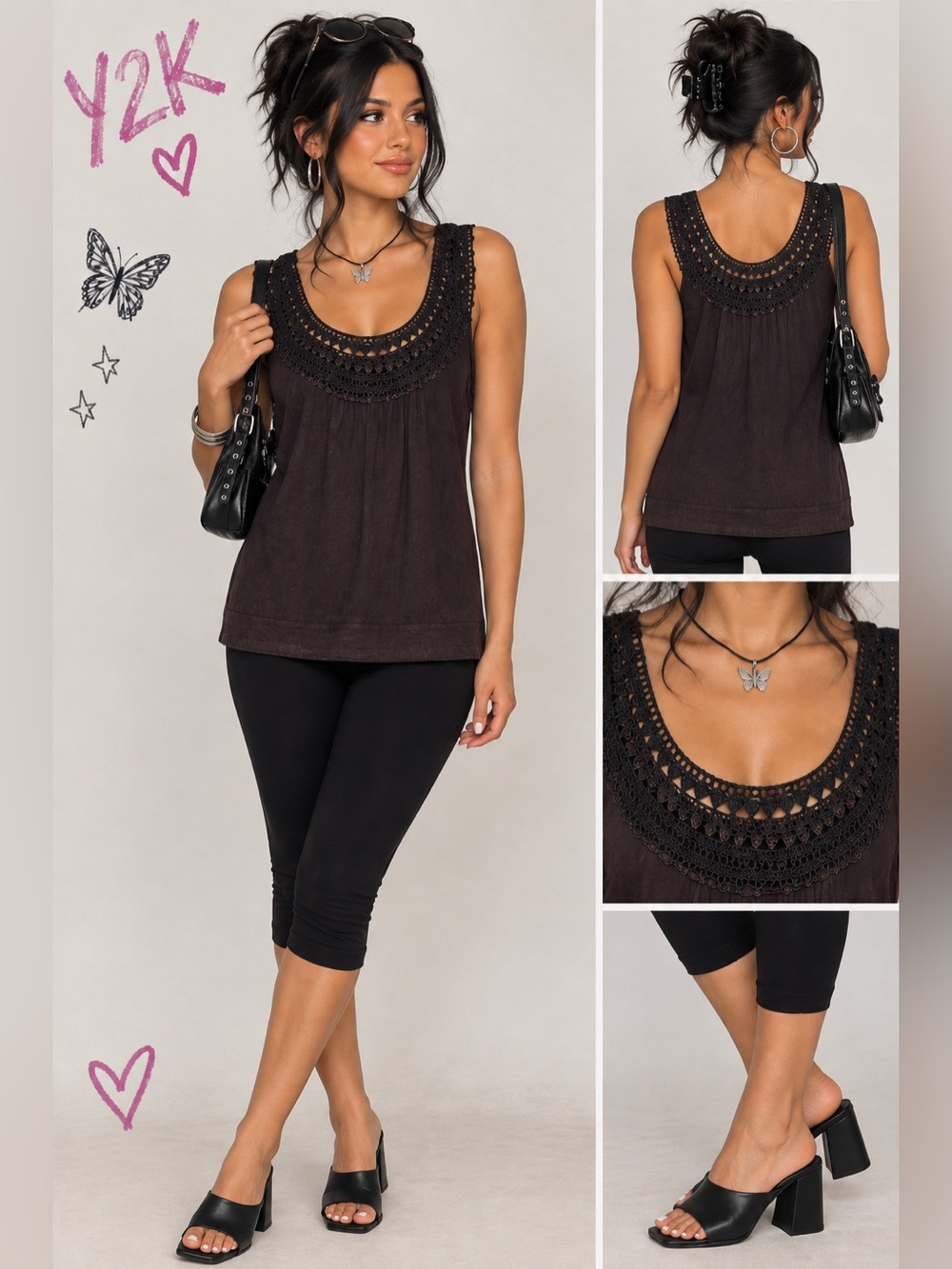Y2k Crochet Yoke Sleeveless Camisole